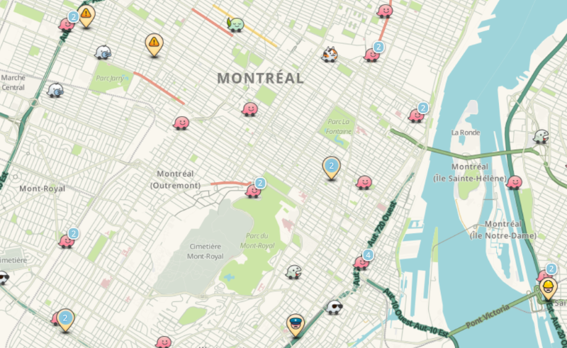 Capture d'écran du site Internet de Waze pour Montréal à temps réel le 15 mars 2015 à18h45.