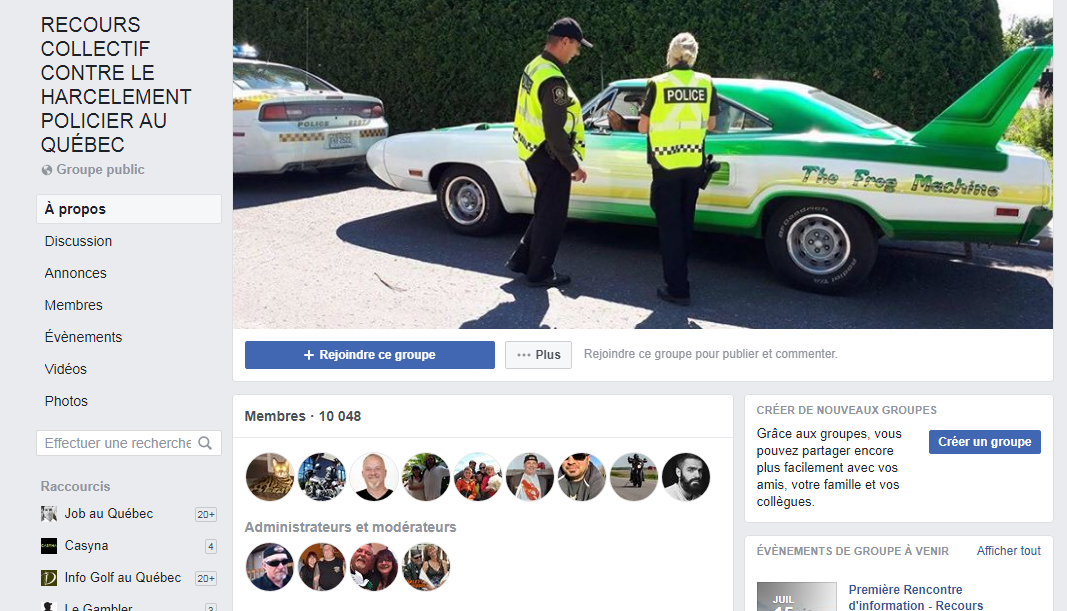 Groupe Facebook recours collectif contre le harcelement policier au Québec